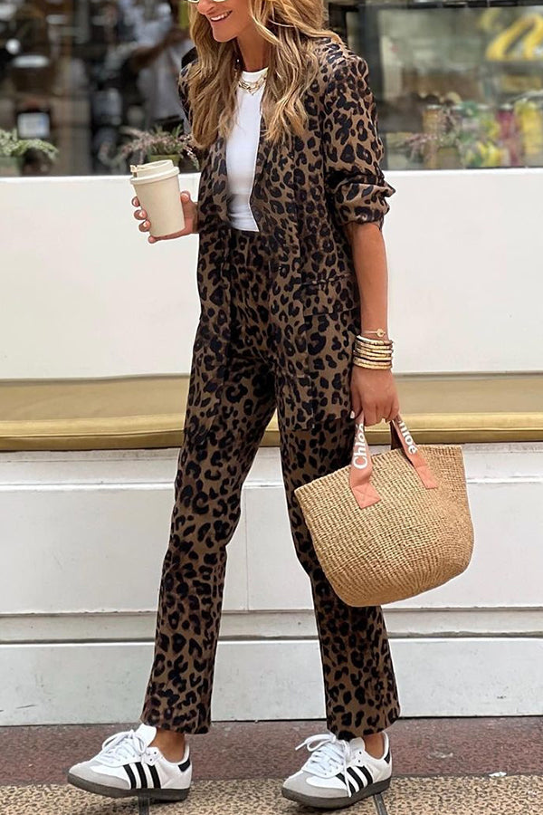 Leopard Pocket Relaxed Lapel Blazer and Elastic Waist Pants Set