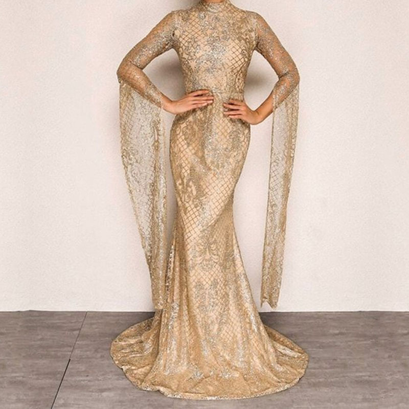 Glamorous High Neck Sequin Cape Sleeve Gown Maxi Dress (Buy 2 Free Shipping)