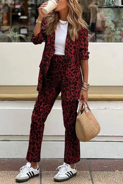 Leopard Pocket Relaxed Lapel Blazer and Elastic Waist Pants Set