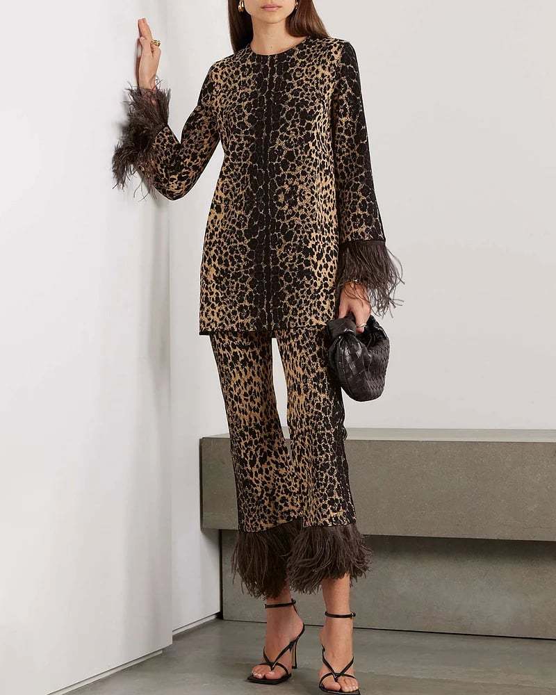 Asymmetric Feather Trimmed Sequin Embellished Top and Pants Set