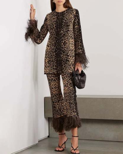 Asymmetric Feather Trimmed Sequin Embellished Top and Pants Set
