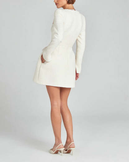 Tweed Fabric Pearl Trim Long Slit Sleeve Pocketed Mini Dress