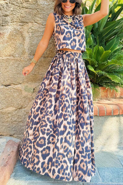 Leopard Print Back Tie-up Tank and Elastic Waist Pleated A-line Maxi Skirt Set