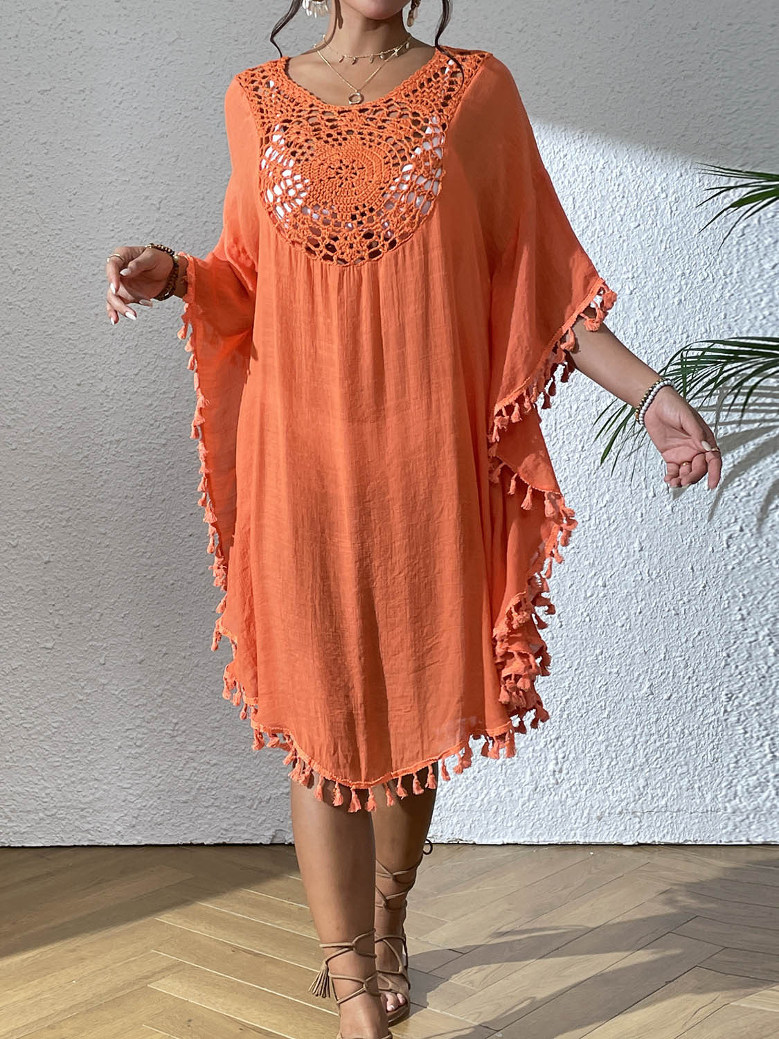 Boho Tassel Trim Crochet Yoke Loose Kaftan Dress