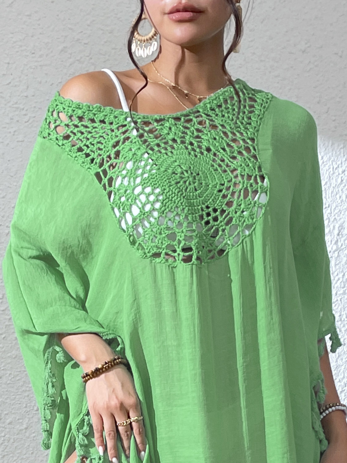 Boho Tassel Trim Crochet Yoke Loose Kaftan Dress