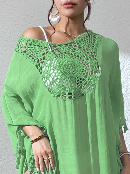 Boho Tassel Trim Crochet Yoke Loose Kaftan Dress