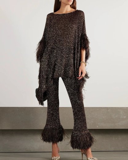 Asymmetric Feather Trimmed Sequin Embellished Top and Pants Set