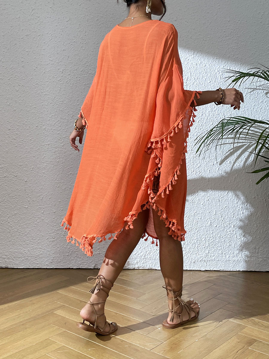 Boho Tassel Trim Crochet Yoke Loose Kaftan Dress