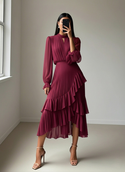 Elegant Pleated Ruffle Asymmetrical Long Sleeve Dress (Buy 2 Free Shipping)