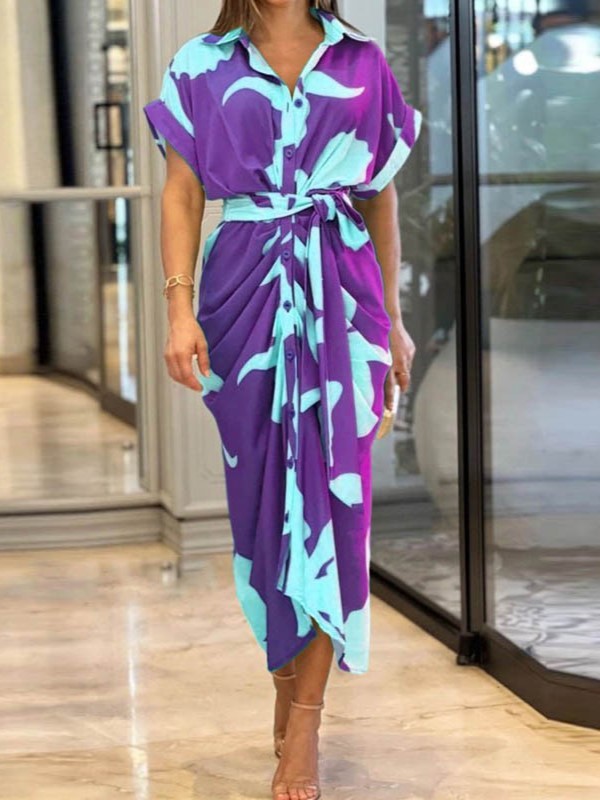 Printed Button-Down Maxi Dress with Waist Tie