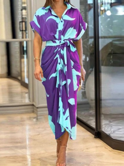 Printed Button-Down Maxi Dress with Waist Tie