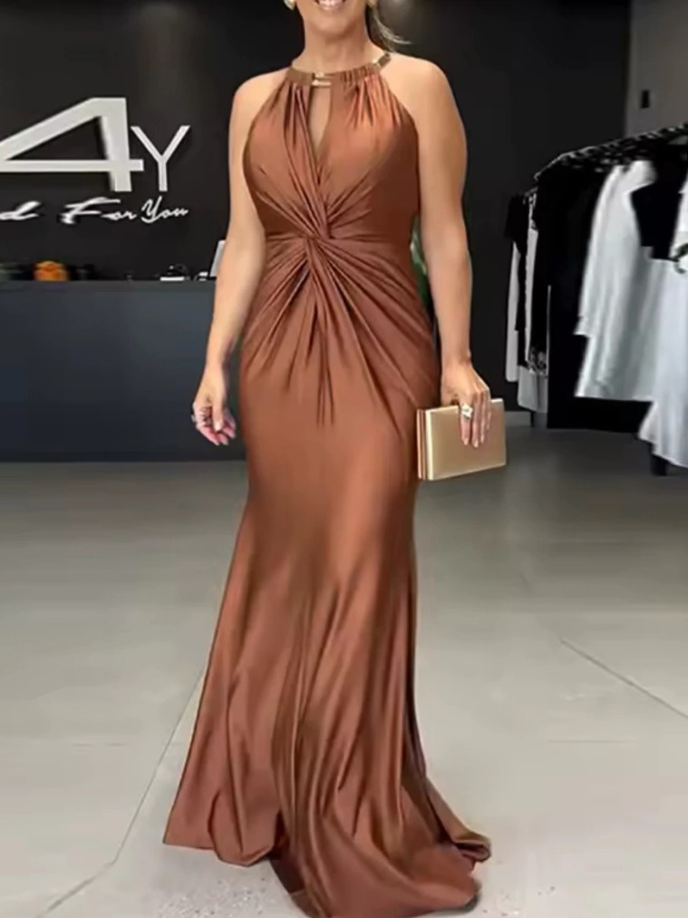 Satin Halter Gown with Ruched Waist and Open Back