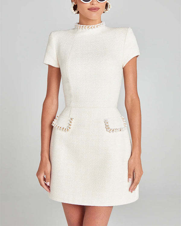 Tweed Fabric Pearl Trim Short Sleeve Pocketed Mini Dress