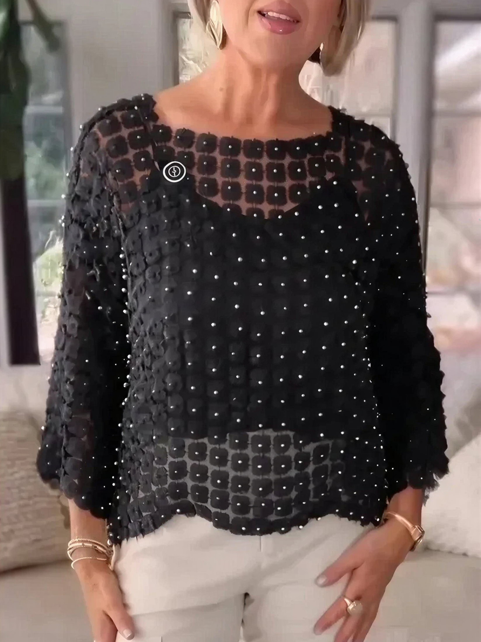 Elegant Floral Pearl Crochet Mesh Top