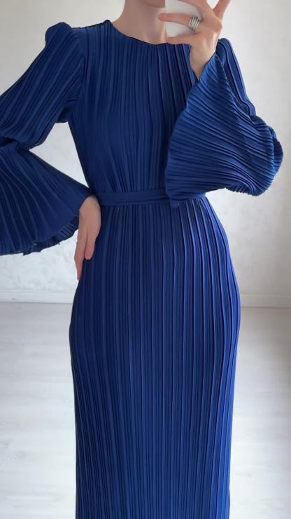 Women's Fall Maxi Dress Chic Pleated Bell Bottom Sleeve Midi Dress