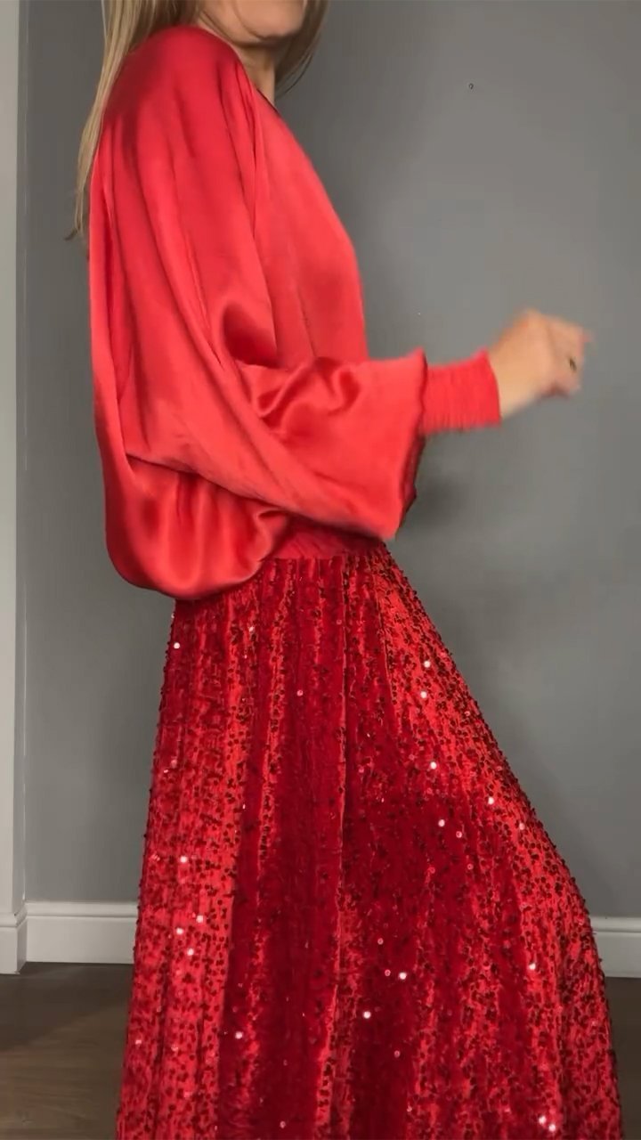 Satin Top & Sequin Maxi Skirt Two Piece Set (Buy 2 Free Shipping)