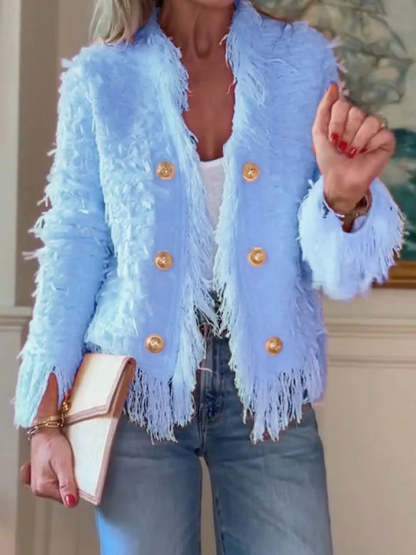 Elegant Fringe Trim Gold Button Tweed Jacket (Buy 2 Free Shipping)
