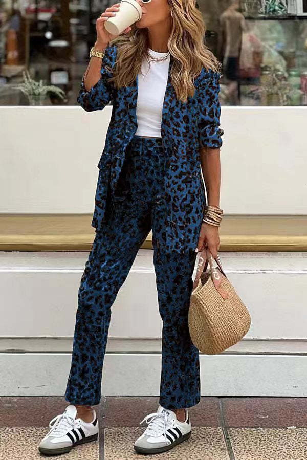 Leopard Pocket Relaxed Lapel Blazer and Elastic Waist Pants Set