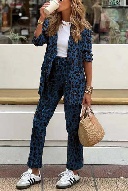 Leopard Pocket Relaxed Lapel Blazer and Elastic Waist Pants Set