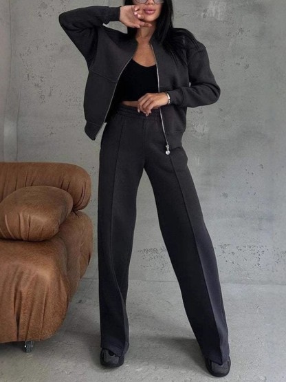Casual Zip-Up Top Wide Leg Pants Lounge Set (Buy 2 Free Shipping)