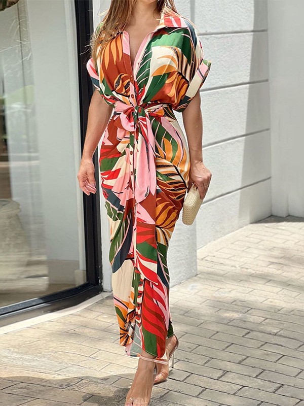 Printed Button-Down Maxi Dress with Waist Tie