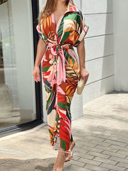 Printed Button-Down Maxi Dress with Waist Tie