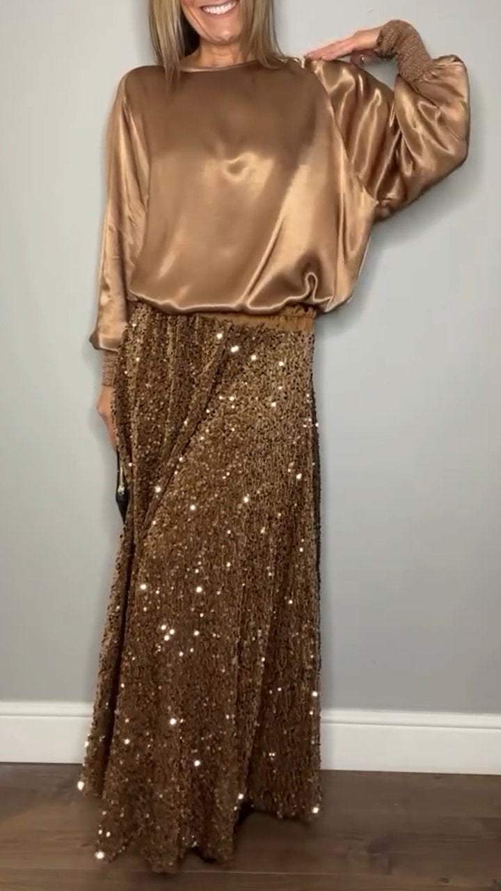 Satin Top & Sequin Maxi Skirt Two Piece Set (Buy 2 Free Shipping)
