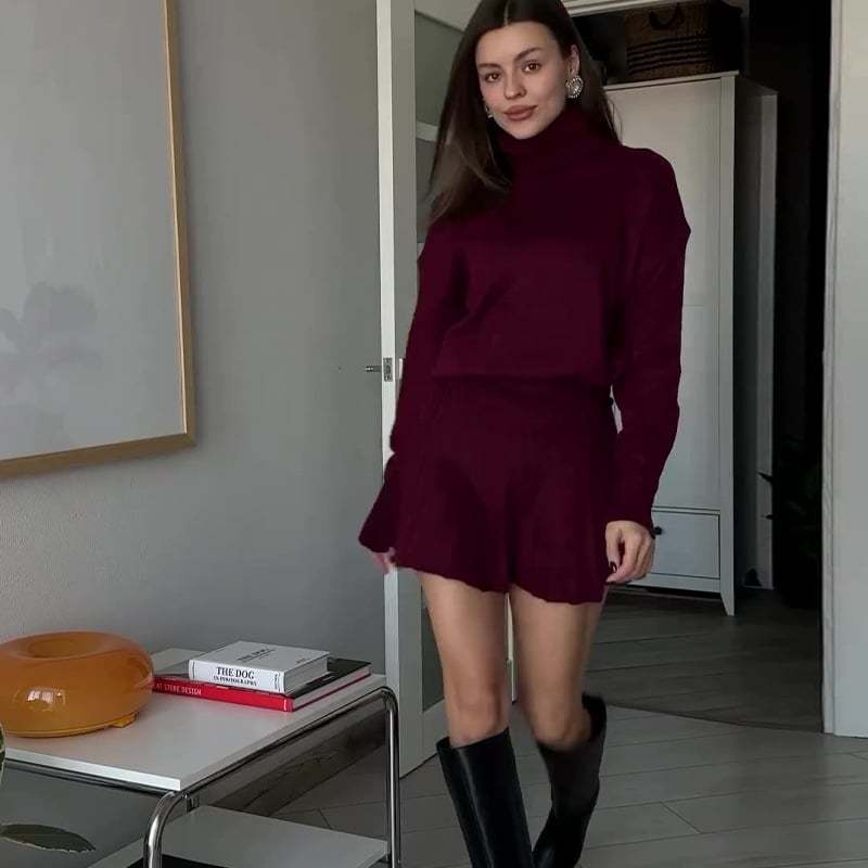 High-Neck Knitted Skirt Suit for Elegant Style(Top + Skirt)