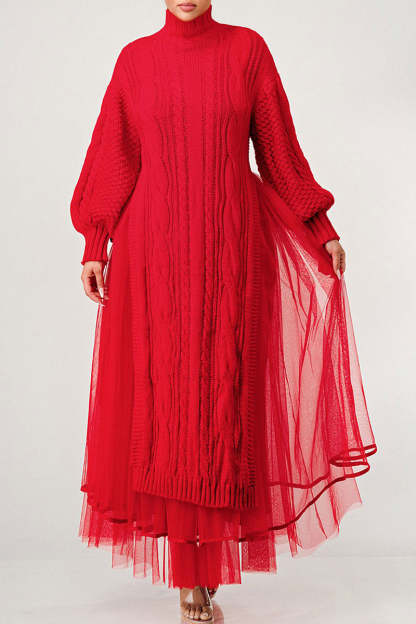 Cozy Chunky Knit Mock Neck Mesh Hem Dress (Buy 2 Free Shipping)