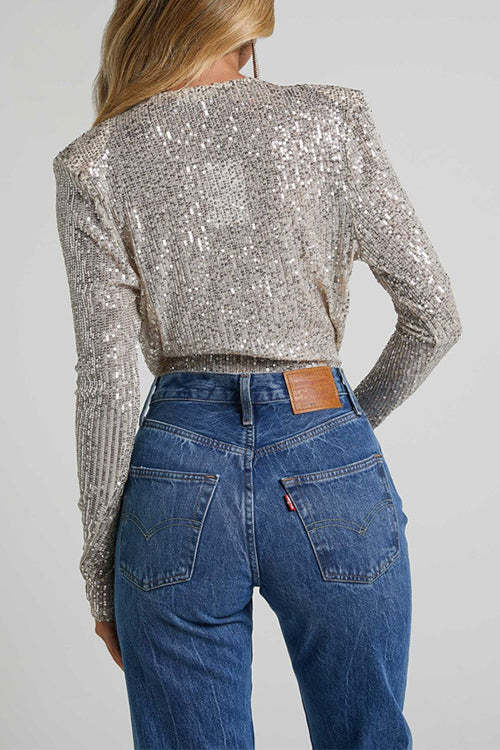 Wrap Deep V Neck Long Sleeves Sequin Bodysuit (Buy 2 Free Shipping)