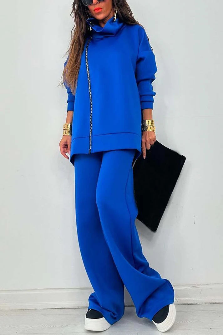Cozy High Neck Zip Detail Top and Pants Two Piece Set  (Buy 2 Free Shipping)