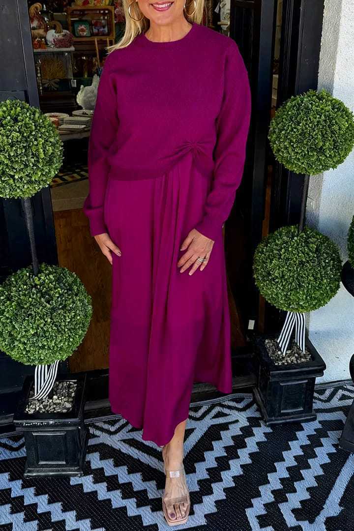 2025 European And American Style Cross-Border Women'S Clothing Independent Station Autumn And Winter Solid Color Round Neck Knitted Pleated Long-Sleeved Skirt Suit 2-Piece Set