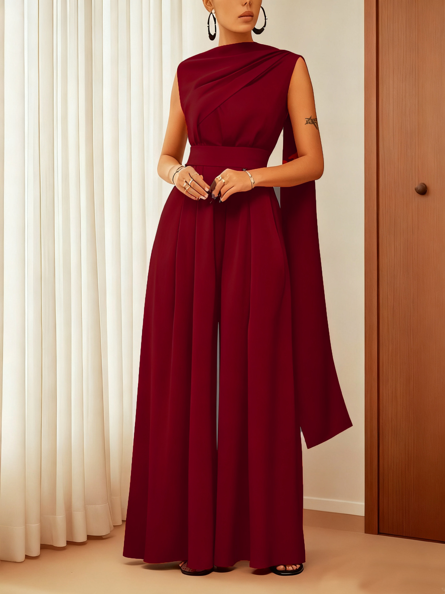 Elegant One Shoulder Draped Wide-Leg Belted Sleeveless Jumpsuit (Buy 2 Free Shipping)