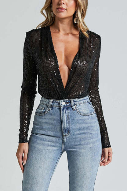 Wrap Deep V Neck Long Sleeves Sequin Bodysuit (Buy 2 Free Shipping)