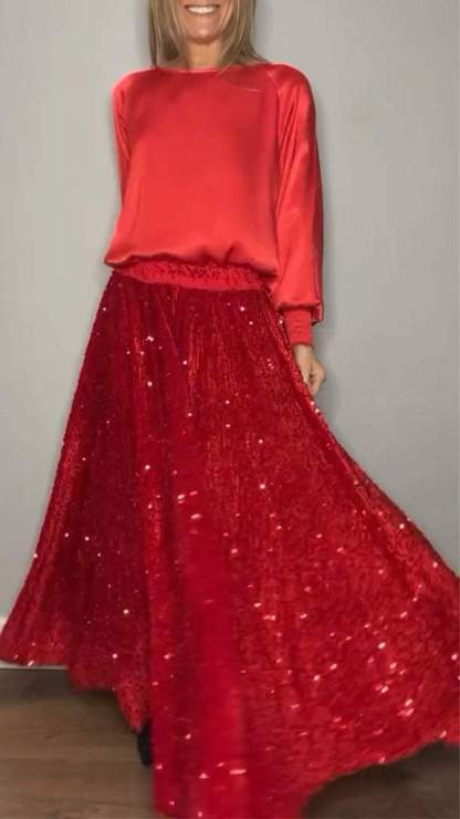 Satin Top & Sequin Maxi Skirt Two Piece Set (Buy 2 Free Shipping)