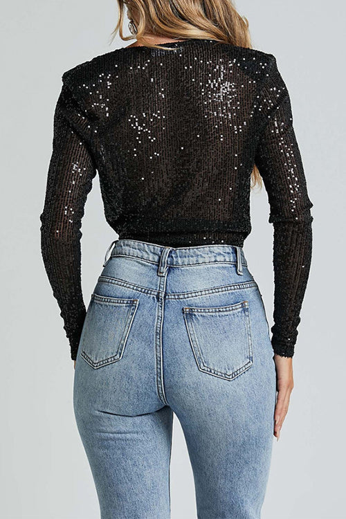 Wrap Deep V Neck Long Sleeves Sequin Bodysuit (Buy 2 Free Shipping)