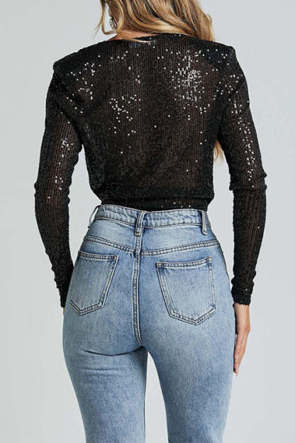 Wrap Deep V Neck Long Sleeves Sequin Bodysuit (Buy 2 Free Shipping)