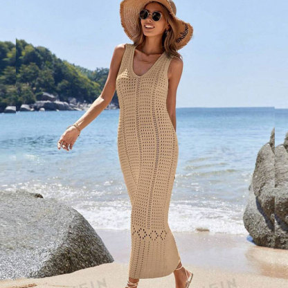 Elegant V-Neck Sleeveless Crochet Knit Maxi Dress
