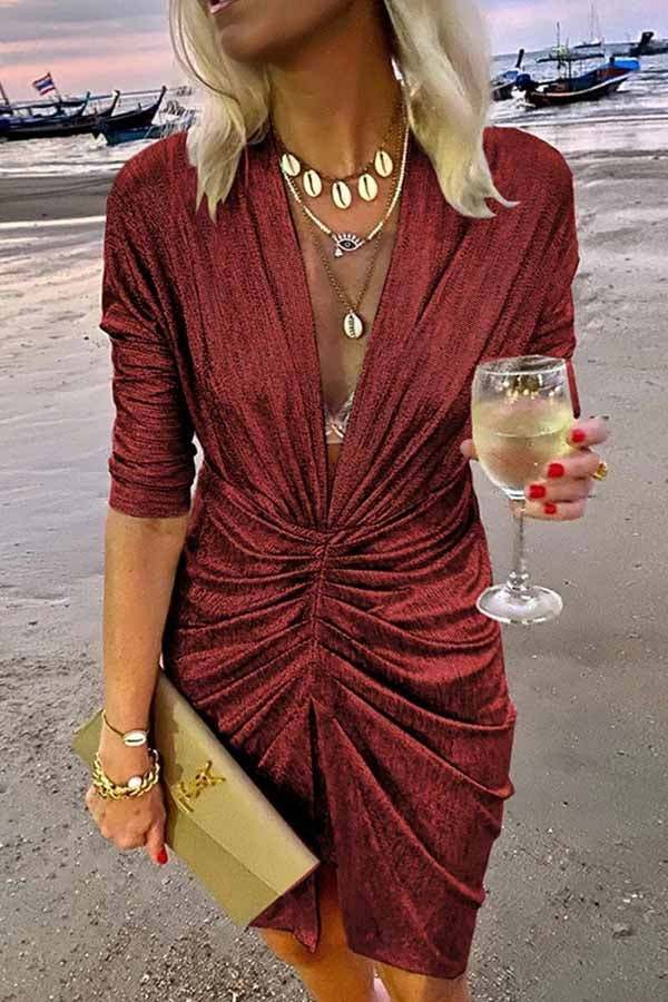 Spotlight City V-Neck Ruched Party Dress (Buy 2 Free Shipping)