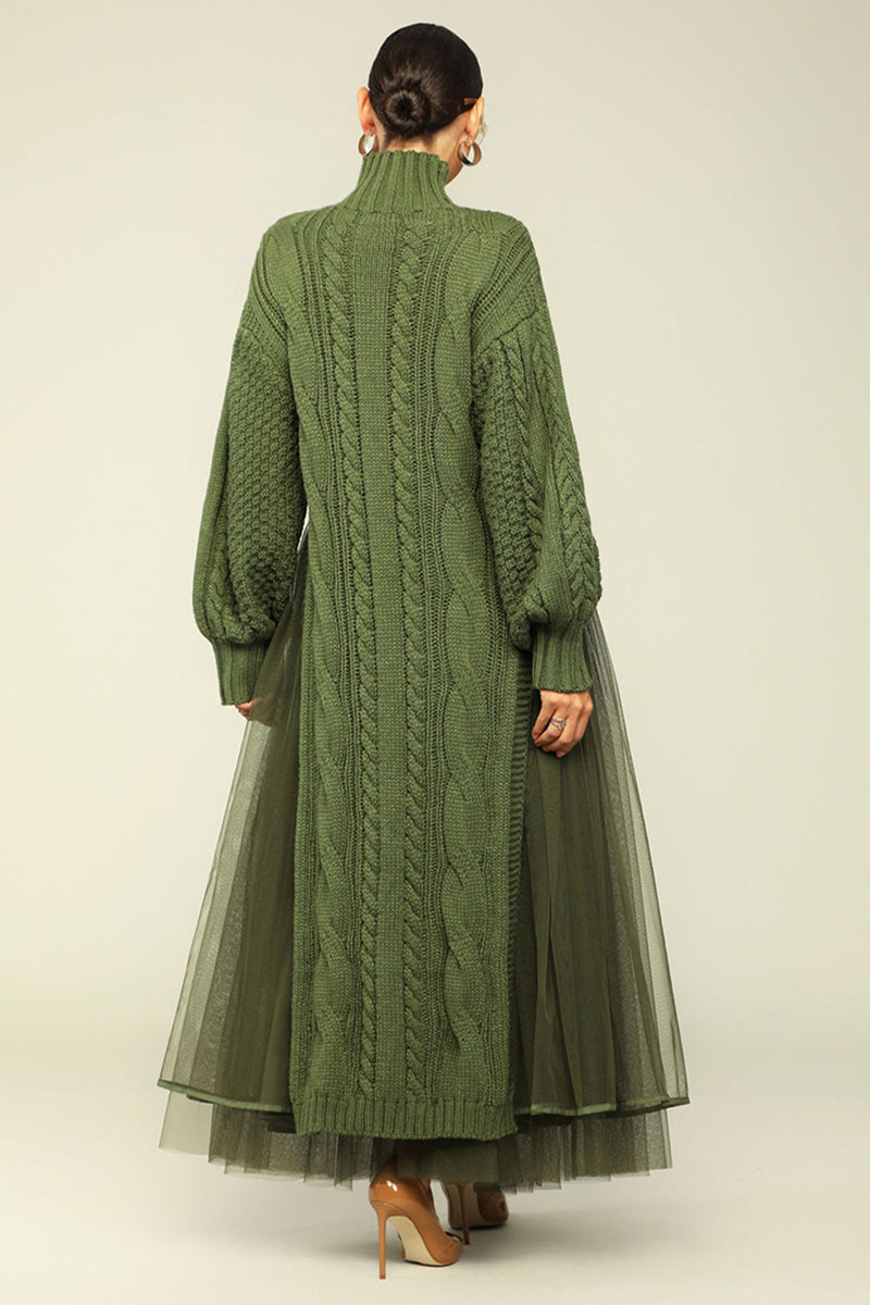 Cozy Chunky Knit Mock Neck Mesh Hem Dress (Buy 2 Free Shipping)