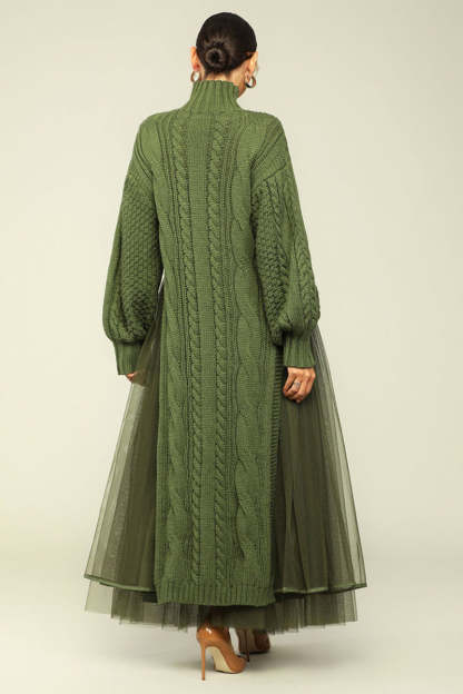 Cozy Chunky Knit Mock Neck Mesh Hem Dress (Buy 2 Free Shipping)