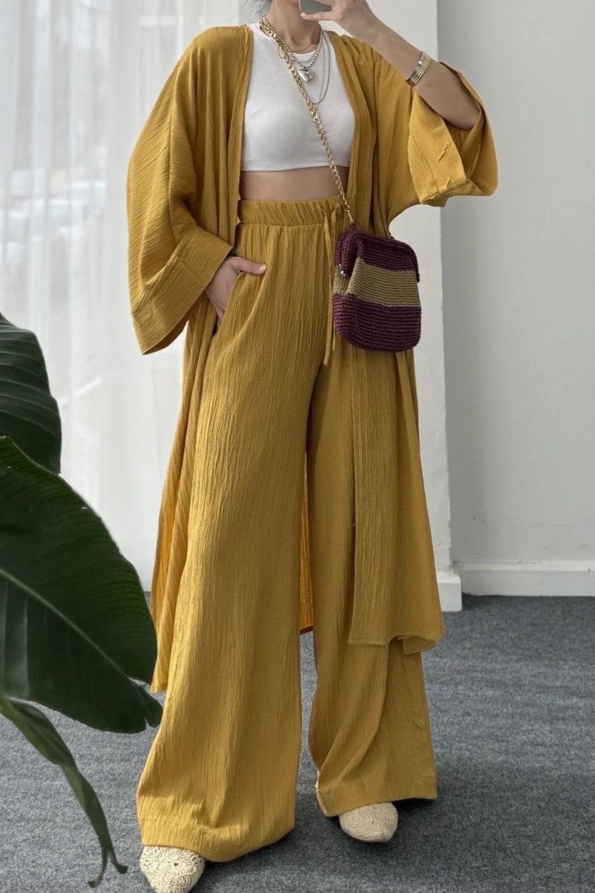 Flowy Textured Kimono Top and Wide Leg Pants Two Piece Set (Buy 2 Free Shipping)