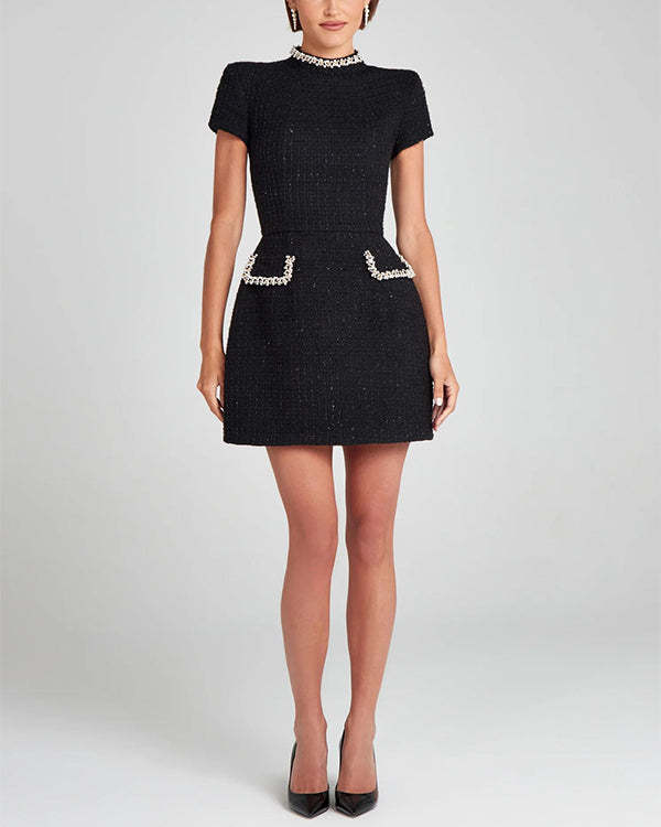 Tweed Fabric Pearl Trim Short Sleeve Pocketed Mini Dress