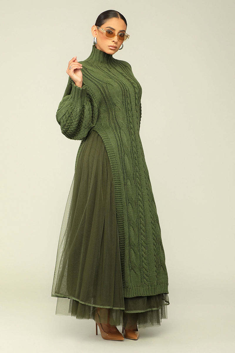 Cozy Chunky Knit Mock Neck Mesh Hem Dress (Buy 2 Free Shipping)