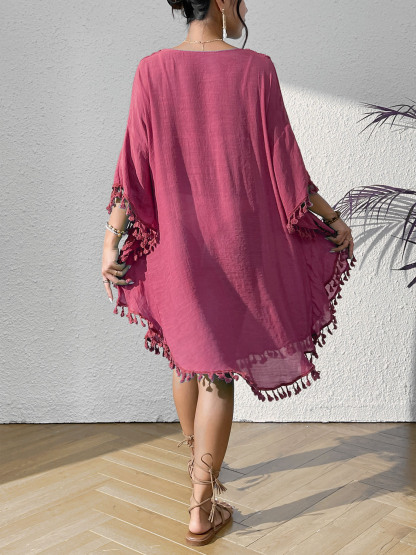 Boho Tassel Trim Crochet Yoke Loose Kaftan Dress