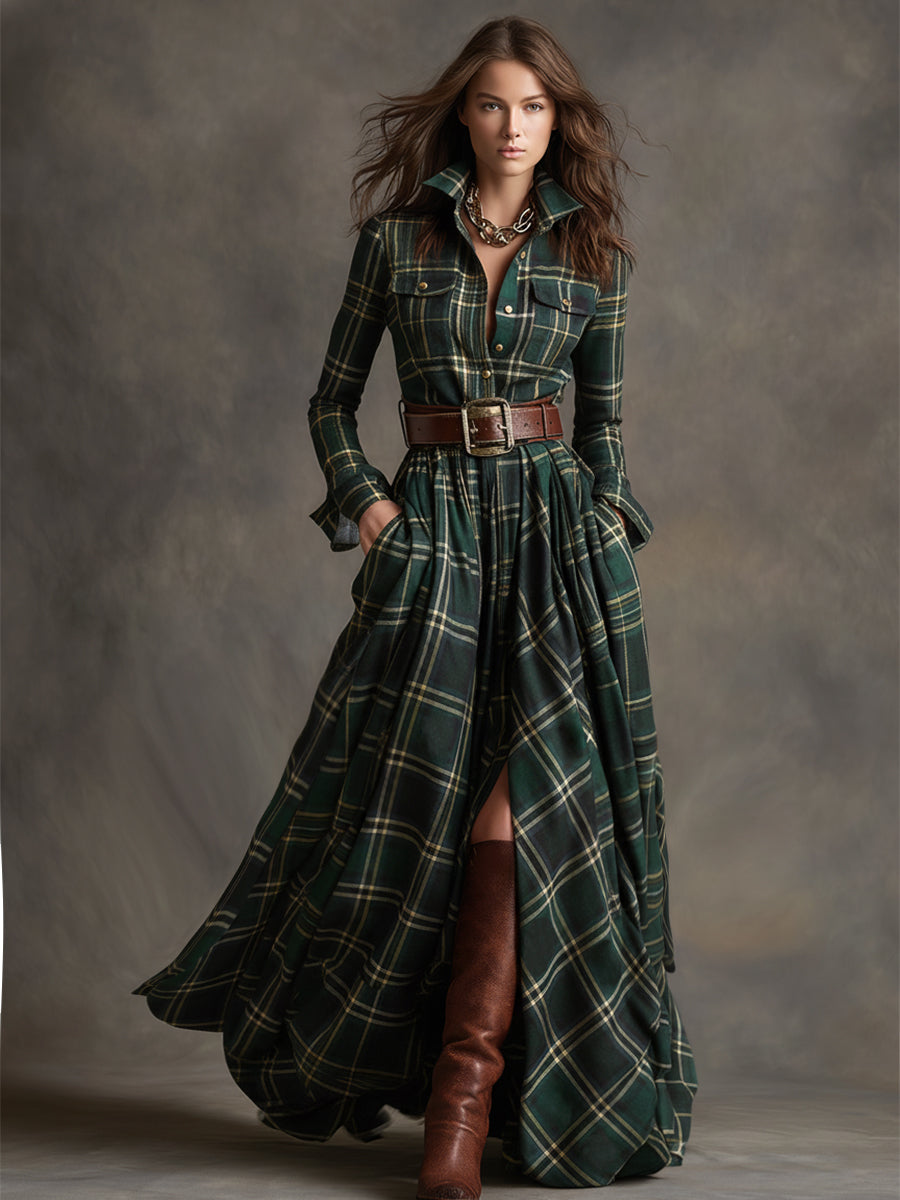Retro Ethnic Style Lapel Reddish Brown Plaid Maxi Dress with Belts (Buy 2 Free Shipping)
