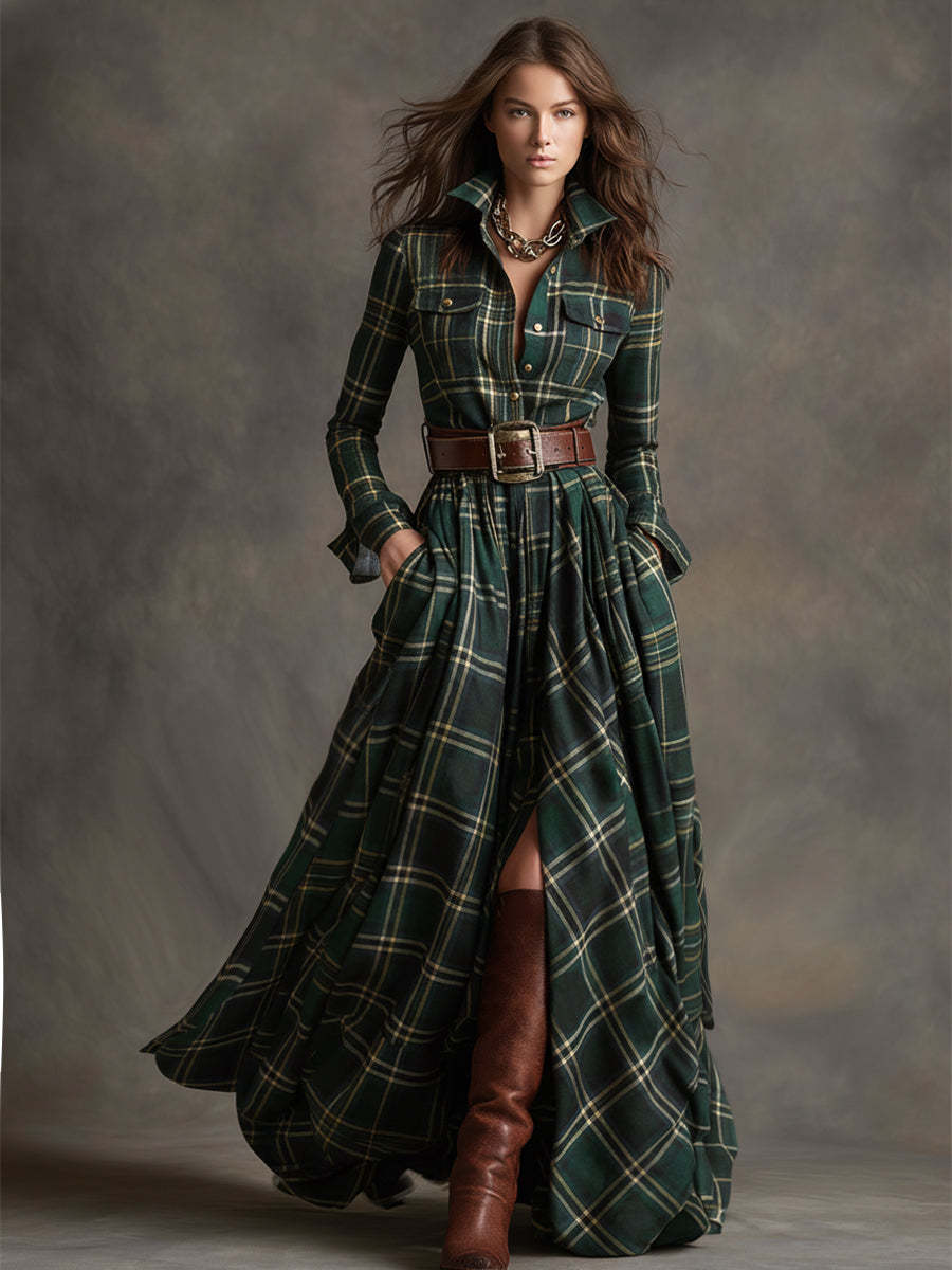 Retro Ethnic Style Lapel Reddish Brown Plaid Maxi Dress with Belts (Buy 2 Free Shipping)