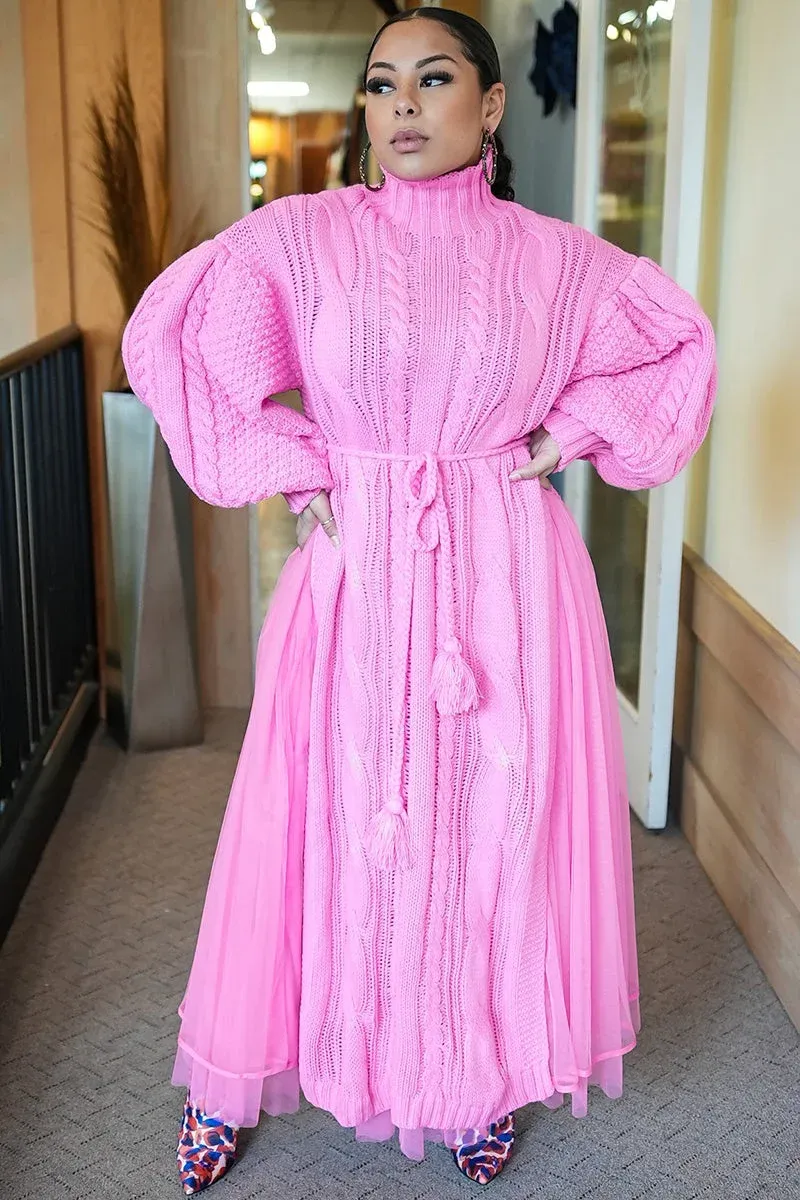 Cozy Chunky Knit Mock Neck Mesh Hem Dress (Buy 2 Free Shipping)