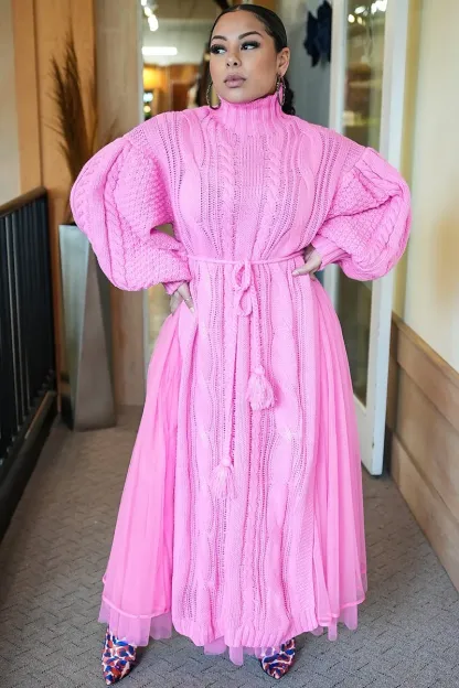 Cozy Chunky Knit Mock Neck Mesh Hem Dress (Buy 2 Free Shipping)