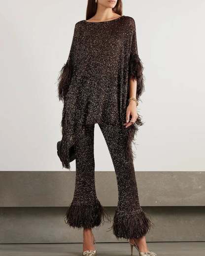 Asymmetric Feather Trimmed Sequin Embellished Top and Pants Set